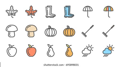 Set of autumn icons. Collection of linear monochrome and colored symbols with fall objects.