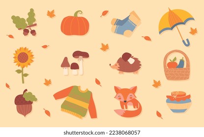 Set of autumn icons. Collection of stickers for social networks and messengers. Hedgehog, fox, mushroom, nuts and yellow leaves. Cartoon flat vector illustrations isolated on beige background