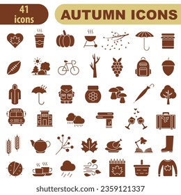 Set of autumn icons. Set of dark red hollow autumn icons. Autumn time. Autumn bright icons. Vector illustration. EPS 10.