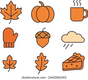 Set of Autumn Icons – Fall Leaves, Pumpkin, Apple Pie, Campfire, and Acorn