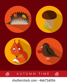 Set of autumn icons. Flete icons. Forest animals are preparing for winter, make inventories. Icons can be used for banners on the site for posters or leaflets