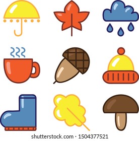 set of autumn icons: hat, cup of tea or coffee, umbrella, two leaves, cloud, boot, acorn, mushroom