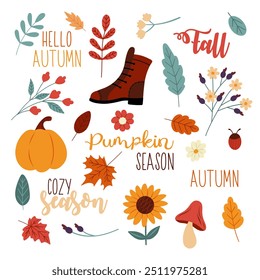 Set of autumn icons and lettering. Vector autumn elements. Cozy autumn leaves, pumpkins, twigs, boots, flowers in flat style.