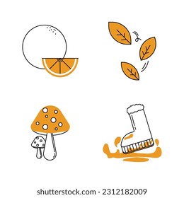 Set of autumn icons. Orange, mushroom, Boots. Vector illustration