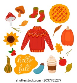 A set of autumn icons - pumpkin, pumpkin pie, berries, mushrooms, knitted woolen sweater, sunflower, warm socks, a cup of coffee. hand lettering hello autumn vector illustration isolated