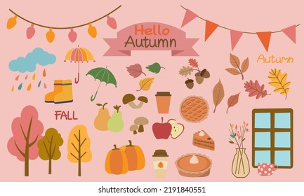 Set of autumn icons. pumpkins, fruits, Threes, fallen leaves and pumpkin pie, umbrellas, and window. Thanksgiving and Autumnal event icon collection for autumnal design. Vector illustration.