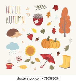 Set of Autumn Icons - rubber boots, tree, leaves, hedgehog, apple, jam jar, tea, umbrella, pumpkins and sunflower. 