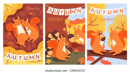 Set of autumn illustration with cartoon squirrels playing in the forest, hand drawn design