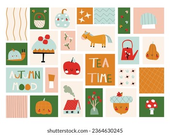 Set of autumn illustration with pumpkins, horse, acorn, house, snail, pie, teapot, mushrooms. Autumn mood. Perfect for poster, media banner, cover or postcard.