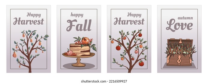Set of autumn illustrations with apple cake, wooden chest, an apple tree, a pear tree. Cute autumn decorative objects. Thanksgiving day, autumn concept. Happy fall text.