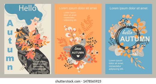 Set of autumn illustrations with cute girl with bouquets of leaves and floral elements. Love autumn collection for banners or greeting cards design.