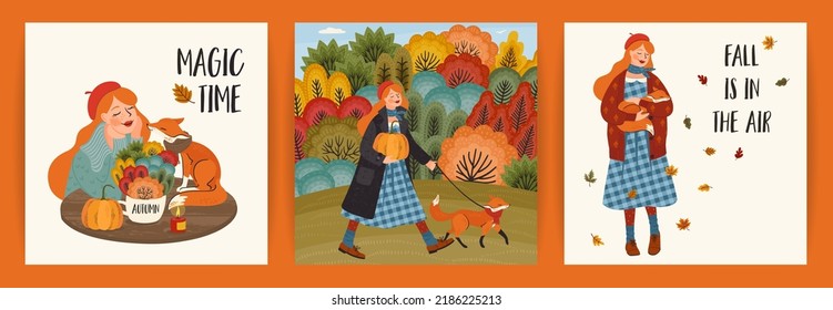 Set of autumn illustrations with cute girl. Vector design for card, poster, flyer, web and other use.