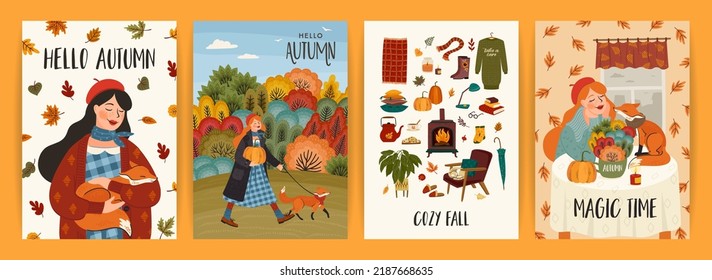 Conjunto de ilustraciones de otoño con una linda chica. Diseño de vectores para tarjetas, afiches, volantes, web y otros usos.