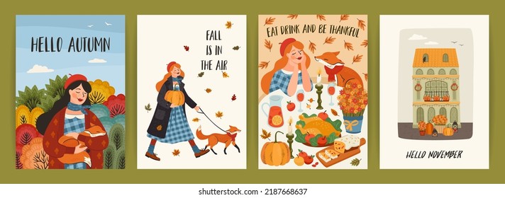 Conjunto de ilustraciones de otoño con una linda chica. Diseño de vectores para tarjetas, afiches, volantes, web y otros usos.