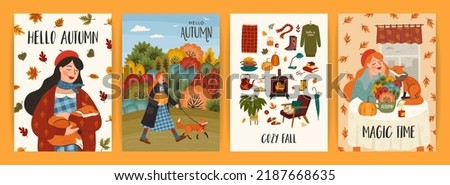Set of autumn illustrations with cute girl. Vector design for card, poster, flyer, web and other use.