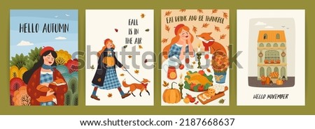 Set of autumn illustrations with cute girl. Vector design for card, poster, flyer, web and other use.