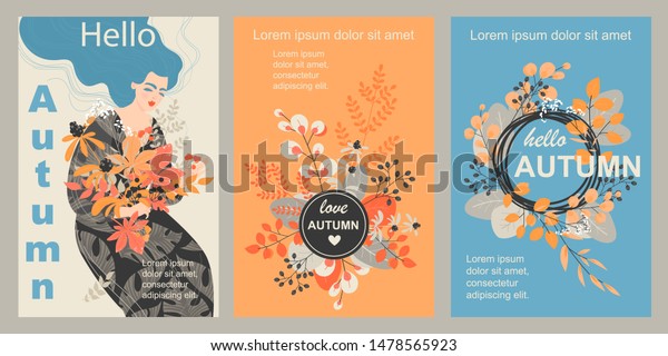 紅葉と花柄の花束を持つかわいい女の子と秋のイラストセット バナーやグリーティングカードデザインの秋のコレクションが好き のベクター画像素材 ロイヤリティフリー