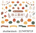 A set of autumn illustrations (decorations, icons, frames).
Japanese is the same as English title.
There are fruits, leaves, trees and mushrooms.