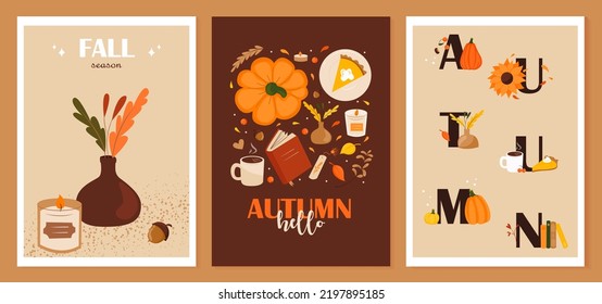 A set of autumn illustrations depicting autumn objects, leaves, and home comforts. Vector design of postcard, poster, banner, flyer, web and other uses