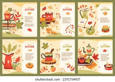 Set of autumn illustrations with hot drinks, books, leaves and pumpkins. Hello autumn text. Cute fall decorative objects. Сosiness and comfort. Warm hygge aesthetics. Square social media post or card