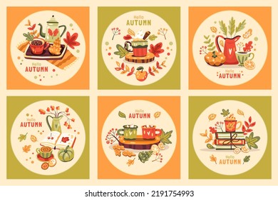 Set of autumn illustrations with hot drinks, books, leaves and pumpkins. Hello autumn text. Cute fall decorative objects. Сosiness and comfort. Warm hygge aesthetics. Square social media post or card