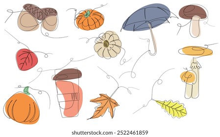 Set of autumn illustrations in one line. One line illustration of mushrooms, pumpkin, umbrella, coffee, acorn. Abstract figures on the background