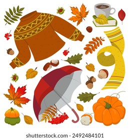 Set of autumn illustrations sweater, falling leaves, scarf, umbrella and pumpkin. Autumn, Thanksgiving. Vector templates for poster, invitation, card, flyer, cover, banner