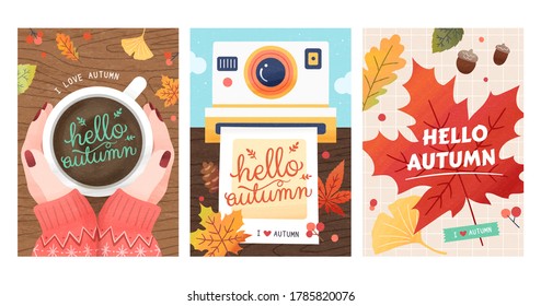 Set of autumn illustrations in trendy hand drawn style, hygge concept, applicable to card, cover and event promotion