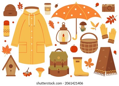 Set of autumn illustrations. Vector elements for the design of postcards, posters, stickers, various stationery.