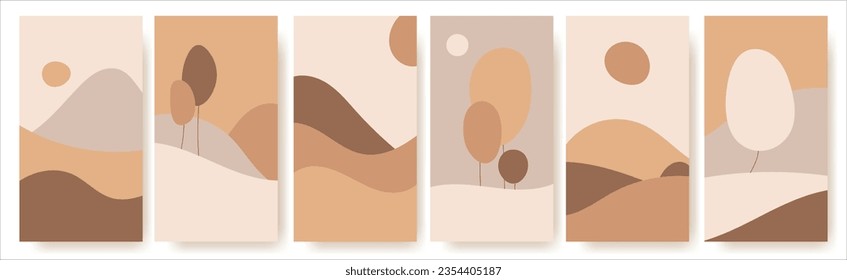 A set of autumn illustrations in warm pastel colors depicting natural landscapes in a minimalist style. Conceptual design of simple shapes, yellow, orange, beige and brown tones, natural shades.