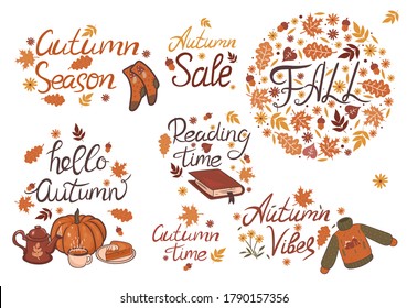 Set of autumn inscriptions on a white background. Vector graphics.