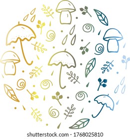 A set of autumn items in a circle. Umbrella, leaves, rain, mushrooms in gradient fill. Vector illustration of cartoon style, outline.