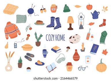 A set of autumn items. Cozy autumn, hugge, autumn season. Flat vector illustration