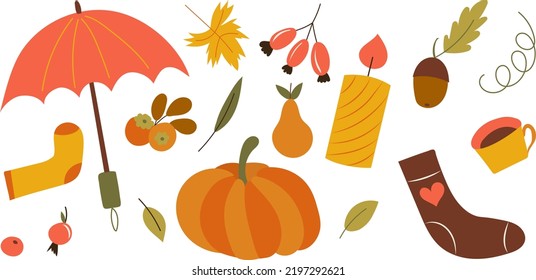 set of autumn items in doodle style, isolated vector