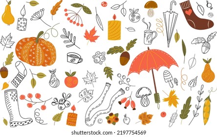 set of autumn items in doodle style, autumn icons isolated vector