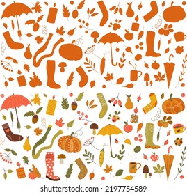 set of autumn items in doodle style, autumn icons isolated