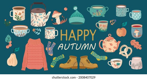 Set of autumn items in a flat style. A set of items on the theme of autumn clothes, shoes, cup, fruits, leaves, mushrooms. Vector illustration.