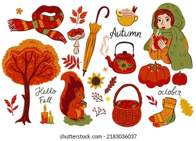 Set of autumn items isolated on white background. Vector graphics.