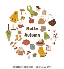 A set of autumn items on round frame Yellow mackintosh and boots, green cosy hat, tea kettle and cake. Vector illustration for autumn designs.