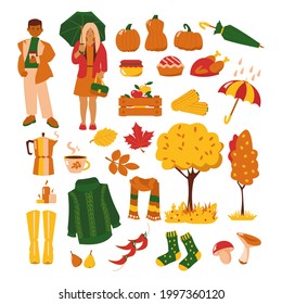 Set of autumn items on white background Fall season vector illustrations