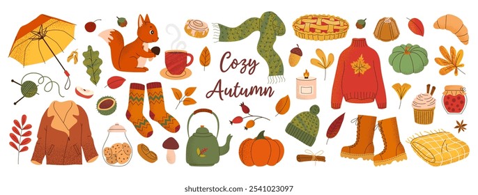 Set autumn items, pastry, leaves with noise textures and typography. Hand drawn element for cozy design poster, card, pattern, stickers, scrapbooking, background. Flat vector illustration.