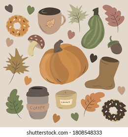set with autumn items and vegetables