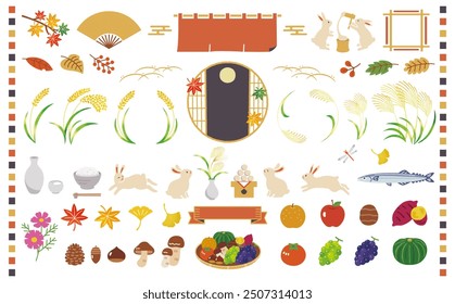 Set of autumn Japanese style illustrations. 