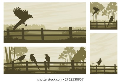 Set of autumn landscape templates and backgrounds with magpie silhouettes. Vector banners with birds sitting on wooden fence, forest scenery and copy space for text.