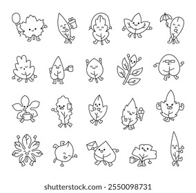 Set autumn leaf characters holding items showing emotions expressing joy happiness creativity fun cheerful cute kawaii cartoon style designs