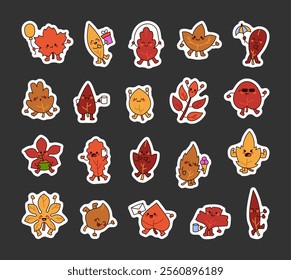 Set autumn leaf characters holding items showing emotions expressing joy happiness creativity fun cheerful cute kawaii cartoon style designs