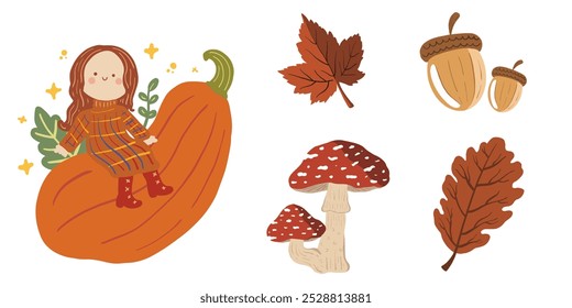 Set of autumn leaf, girl, mushroom, pine. Vector autumn fall banner with colorful mushroom, leaves, acorns, isolated on white. autumn seasonal elements in flat style seamless pattern
