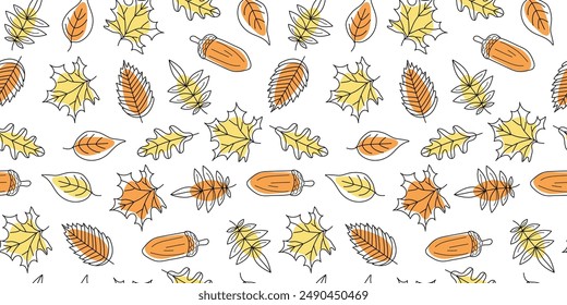 Set of autumn leaves and acorns. Leaf fall pattern, natural linear icons. Autumn season. Drawing, doodles. Vector seamless background.