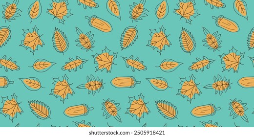 Set of autumn leaves and acorns. Leaf fall pattern, natural linear icons. Autumn season. Drawing, doodles. Vector seamless background.