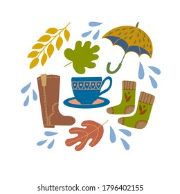 Set of autumn leaves, blue cup, umbrella, socks and boots. Vector graphics on a white background for the design of cards, prints on pillows, packages, covers, wrapping paper.